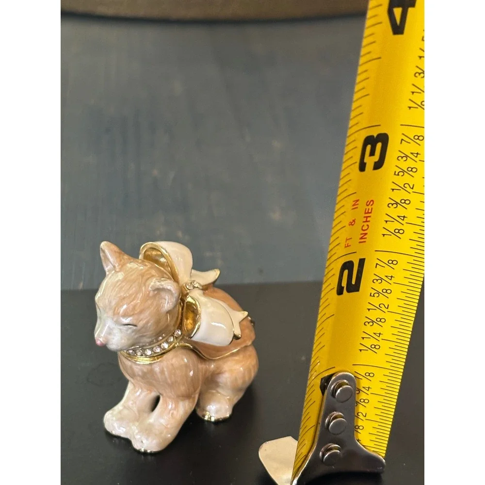 Enamel Ginger Cat Trinket Box Hinged Jewelry Holder with White Bow Rhinestone